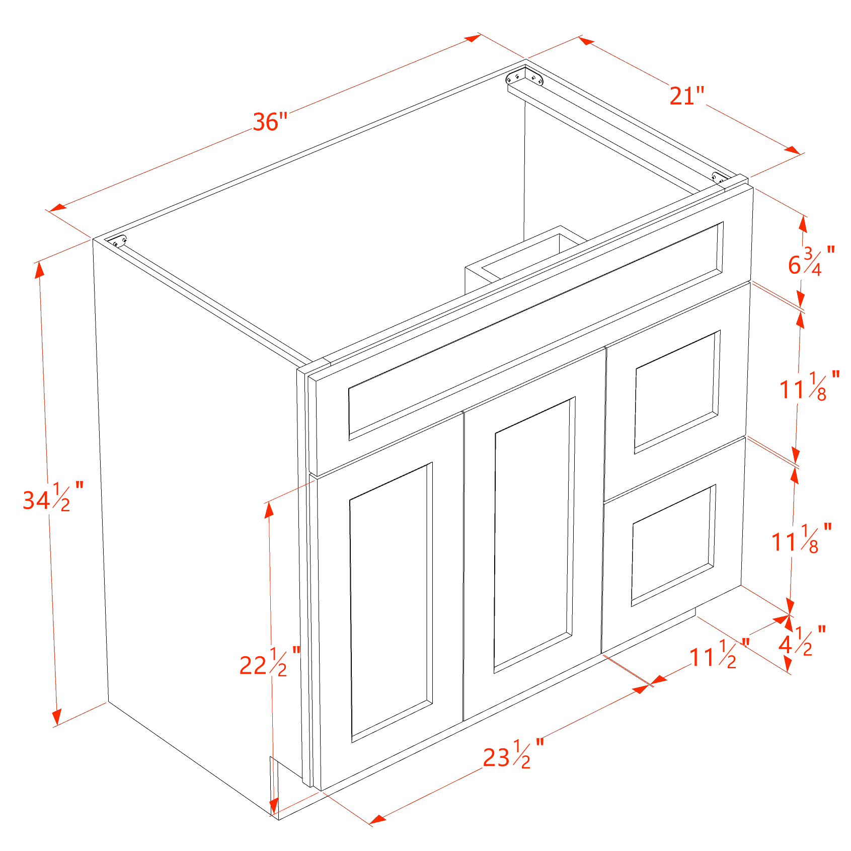 VSD3621R-SLG: Shaker Light Grey 36"W x 34-1/2"H x 21"D 2 Doors & 2 Right Drawers Offset Vanity Sink Base Cabinets