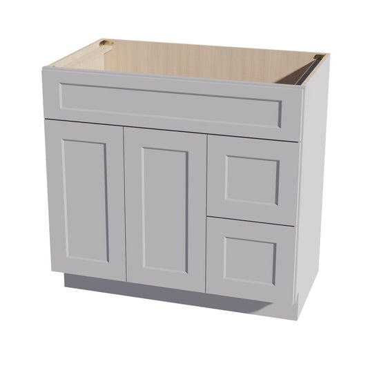 VSD3621R-SLG: Shaker Light Grey 36"W x 34-1/2"H x 21"D 2 Doors & 2 Right Drawers Offset Vanity Sink Base Cabinets