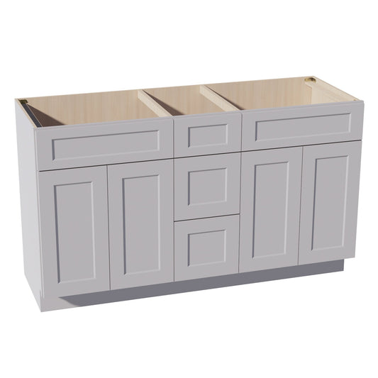 VSD60DOUBLEE-SLG: Shaker Light Grey 60"W x 34-1/2"H x 21"D 4 Doors, 3 Drawers & 2 False Drawers Double Sink Vanity Base Combo Cabinets