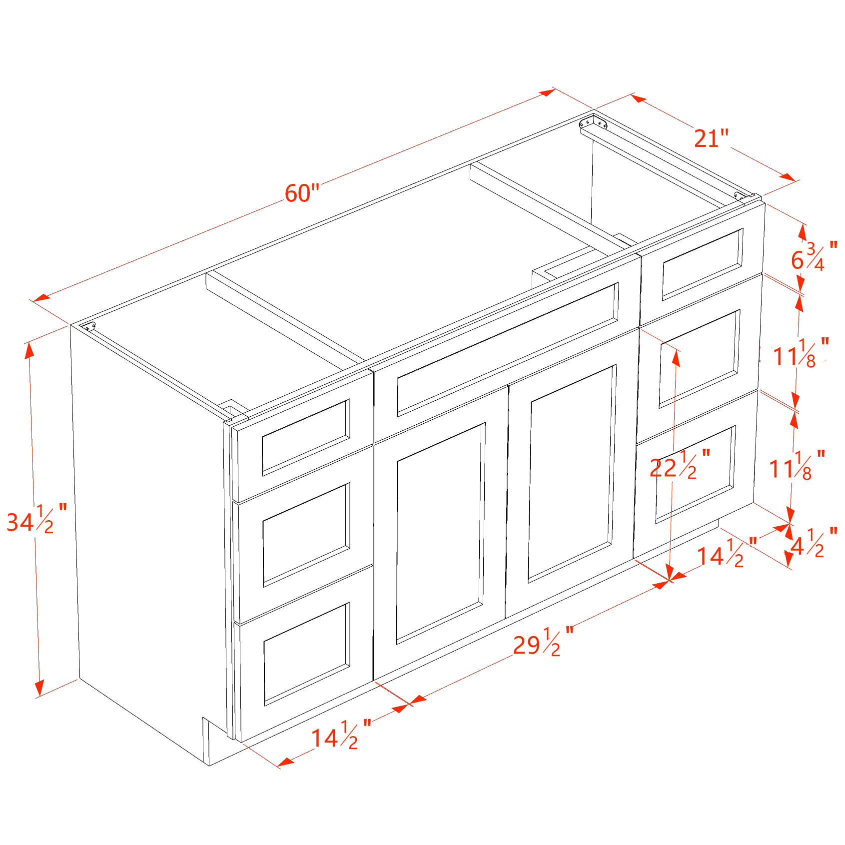VSD60SINGLE-SLG: Shaker Light Grey 60"W x 34-1/2"H x 21"D 2 Doors, 6 Drawers & 1 False Drawer Single Sink Vanity Base Combo Cabinets