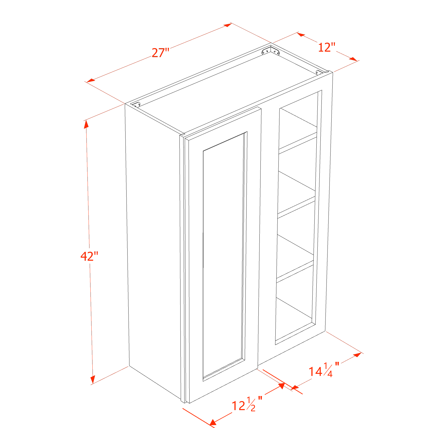 WBC2742-SLG: Shaker Light Grey 27"W x 42"H 1 Door & 2 Shelves Wall Blind Corner Cabinets