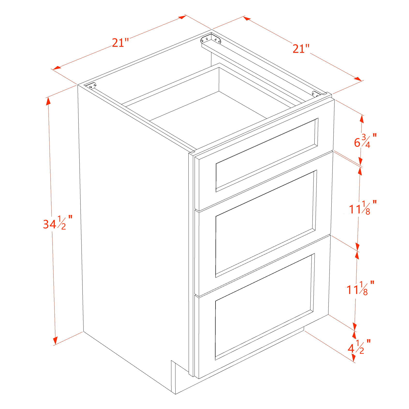 VDB2121-SB  Vanity Base Cabinet 3 Drawers - Shaker Style - Blue   21"W x 34-1/2"H x 21"D
