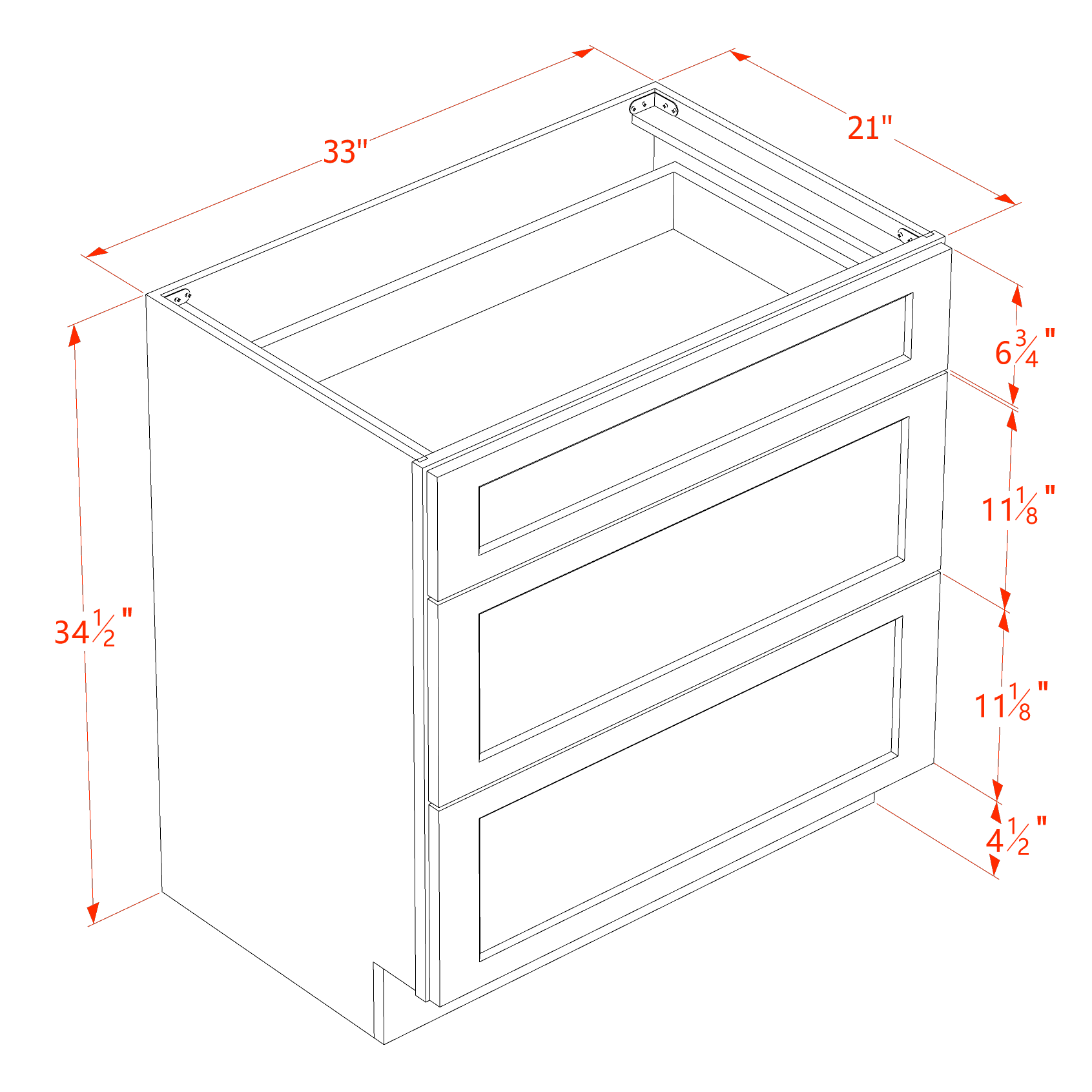 VDB3321-SB  Vanity Base Cabinet 3 Drawers - Shaker Style - Blue   33"W x 34-1/2"H x 21"D