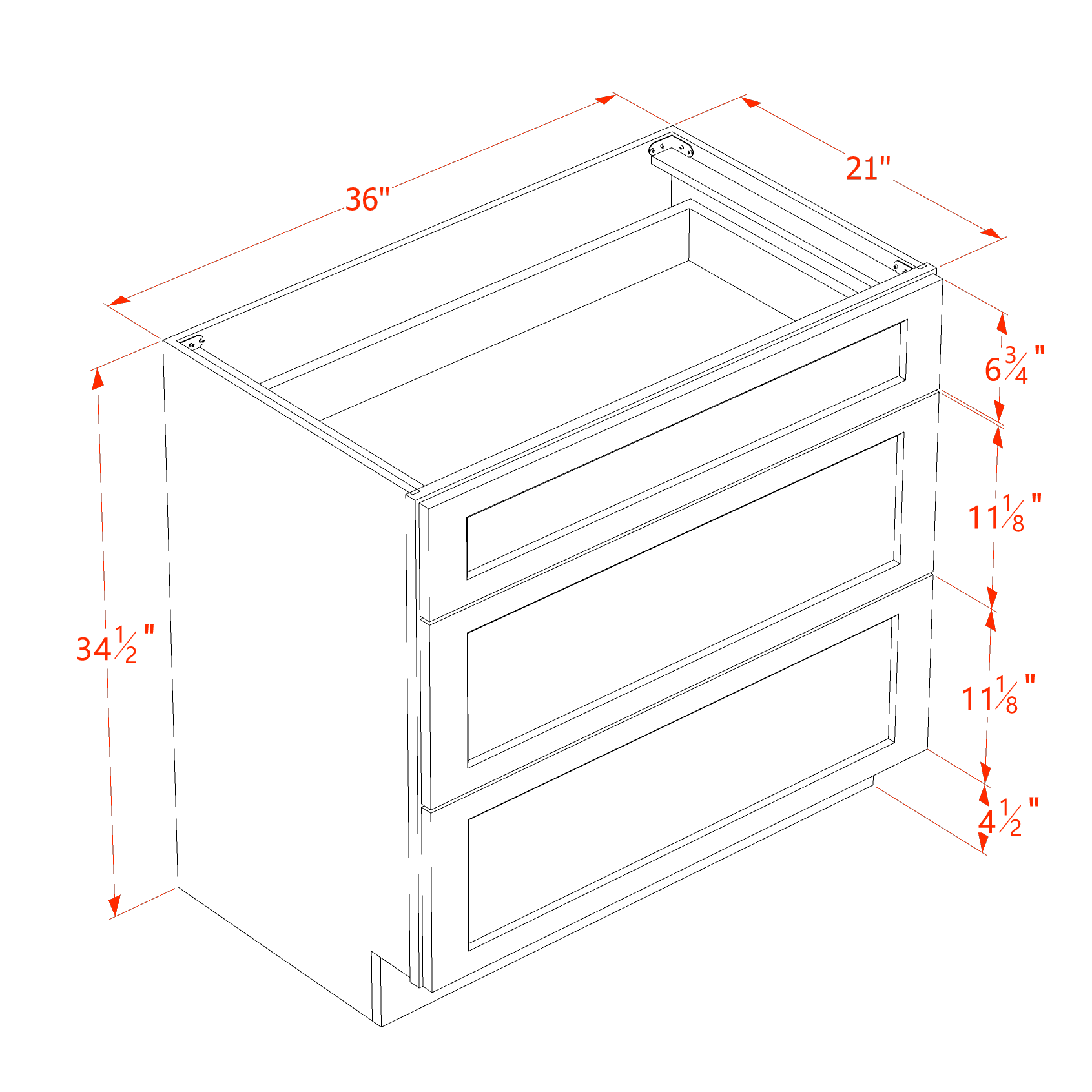 VDB3621-SB  Vanity Base Cabinet 3 Drawers - Shaker Style - Blue   36"W x 34-1/2"H x 21"D