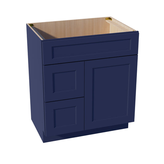 VSD3021L-SB  Vanity Sink Base 2 Doors & 2 Left Drawers Offset - Shaker Style - Blue   30"W x 34-1/2"H x 21"D
