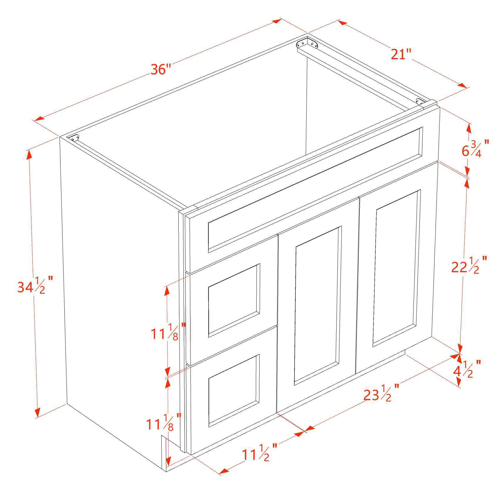 VSD3621L-SB  Vanity Sink Base 2 Doors & 2 Left Drawers Offset - Shaker Style - Blue   36"W x 34-1/2"H x 21"D