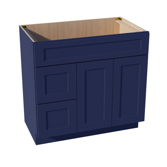 VSD3621L-SB  Vanity Sink Base 2 Doors & 2 Left Drawers Offset - Shaker Style - Blue   36"W x 34-1/2"H x 21"D