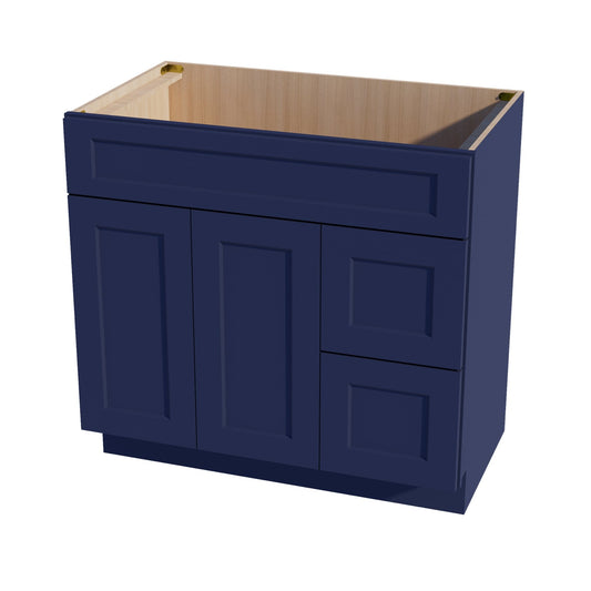 VSD3621R-SB  Vanity Sink Base 2 Doors & 2 Right Drawers Offset - Shaker Style - Blue   36"W x 34-1/2"H x 21"D