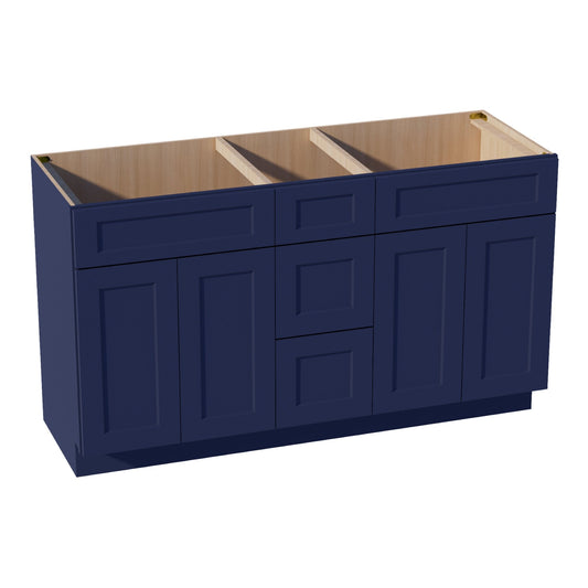 VSD60DOUBLE-SB  Vanity Sink Base Combo Cabinet  2 Doors 6 Drawers & 1 False Drawer Single Vanity - Shaker Style - Blue   60"W x 34-1/2"H x 21"D