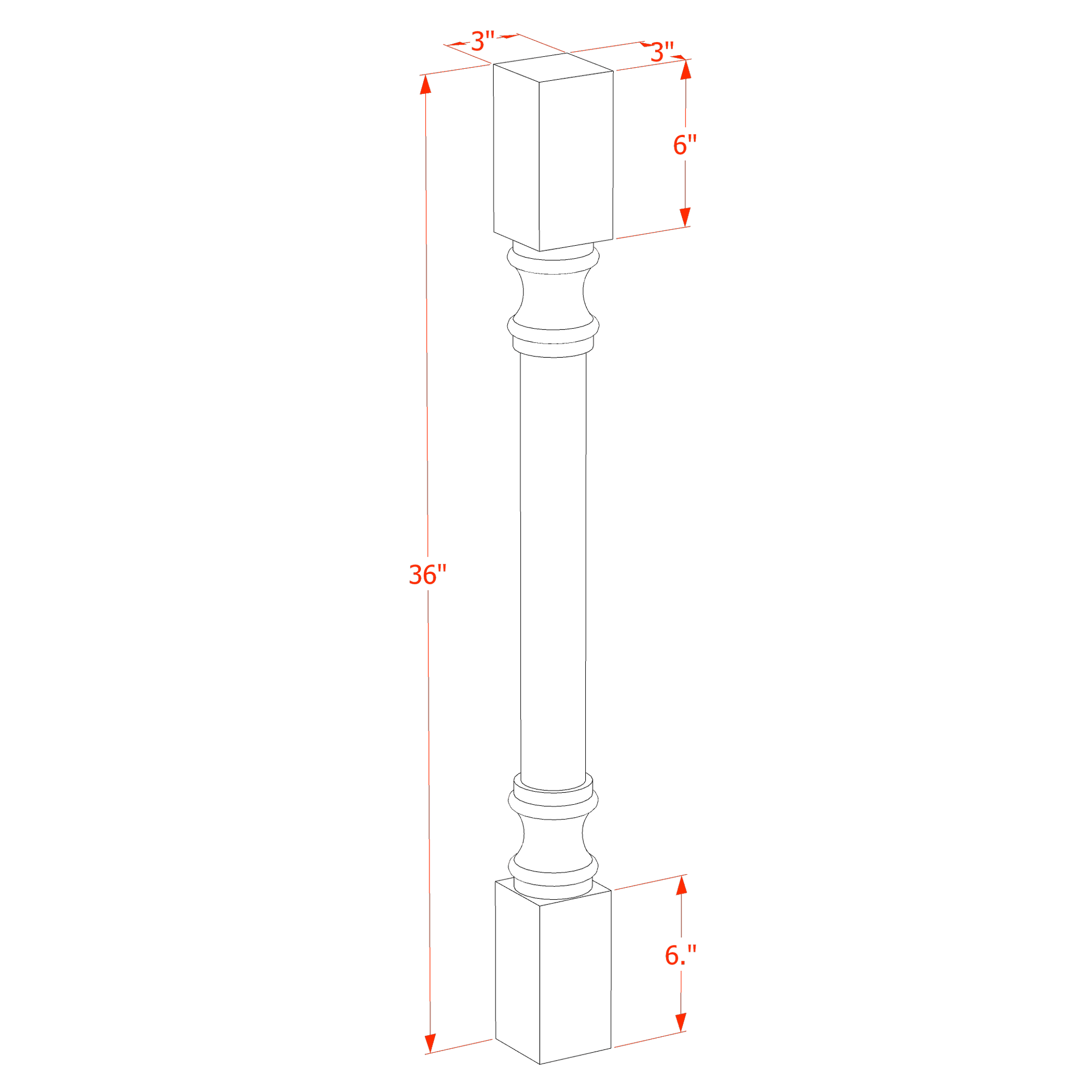 RP336-SBK  Round Roman Pillar - Shaker Style - Black   03"W x 36"H x 3"D