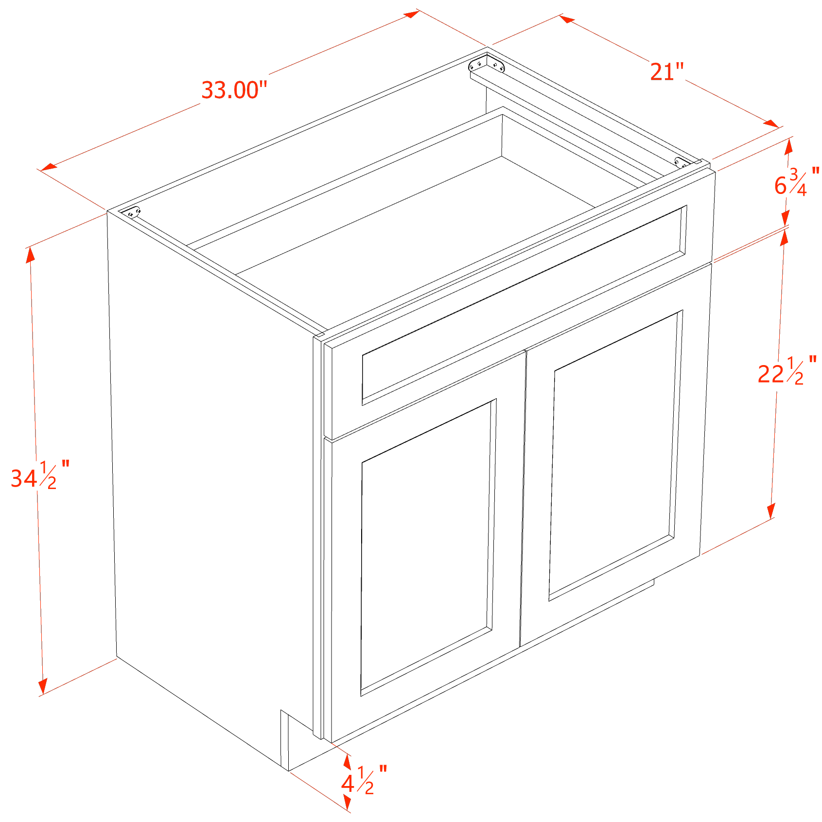 VB3321-SBK  Vanity Base Cabinet 2 Doors & 1 Drawer - Shaker Style - Black   33"W x 34-1/2"H x 24"D