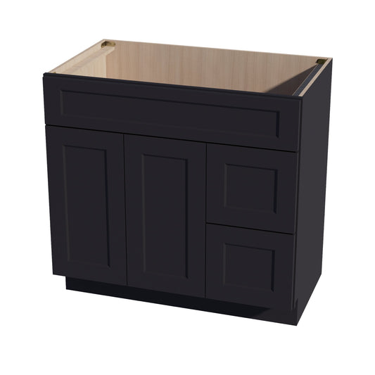 VSD3621R-SBK:  Shaker Black 36"W x 34-1/2"H x 21"D 2 Doors & 2 Right Drawers Offset Vanity Sink Base Cabinets