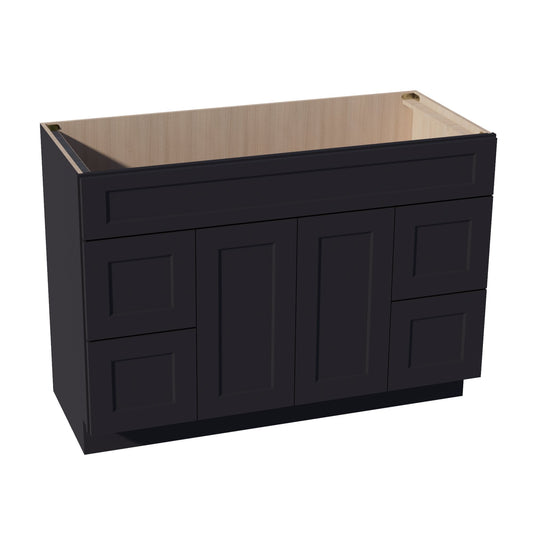 VSD4821-SBK:  Shaker Black 48"W x 34-1/2"H x 21"D 2 Doors, 4 Drawers & 1 False Drawer Centered Vanity Sink Base Cabinets