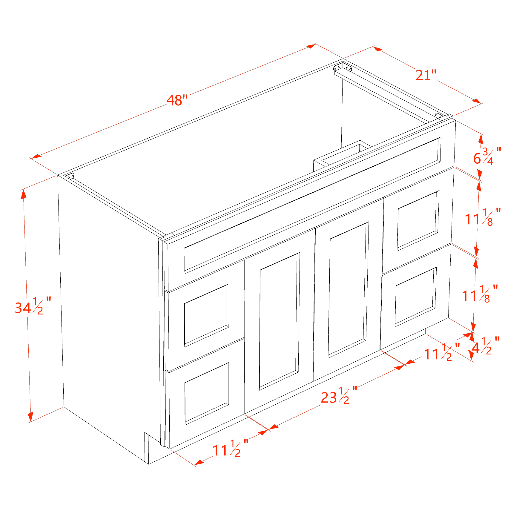 VSD4821-SBK  Vanity Sink Base 2 Doors 2 Drawers & 1 Centered False Drawer  - Shaker Style - Black   48"W x 34-1/2"H x 21"D