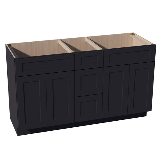 VSD60DOUBLEE-SBK:  Shaker Black 60"W x 34-1/2"H x 21"D 4 Doors, 3 Drawers & 2 False Drawers Double Sink Vanity Base Combo Cabinets