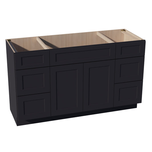 VSD60SINGLE-SBK:  Shaker Black 60"W x 34-1/2"H x 21"D 2 Doors, 6 Drawers & 1 False Drawer Single Sink Vanity Base Combo Cabinets