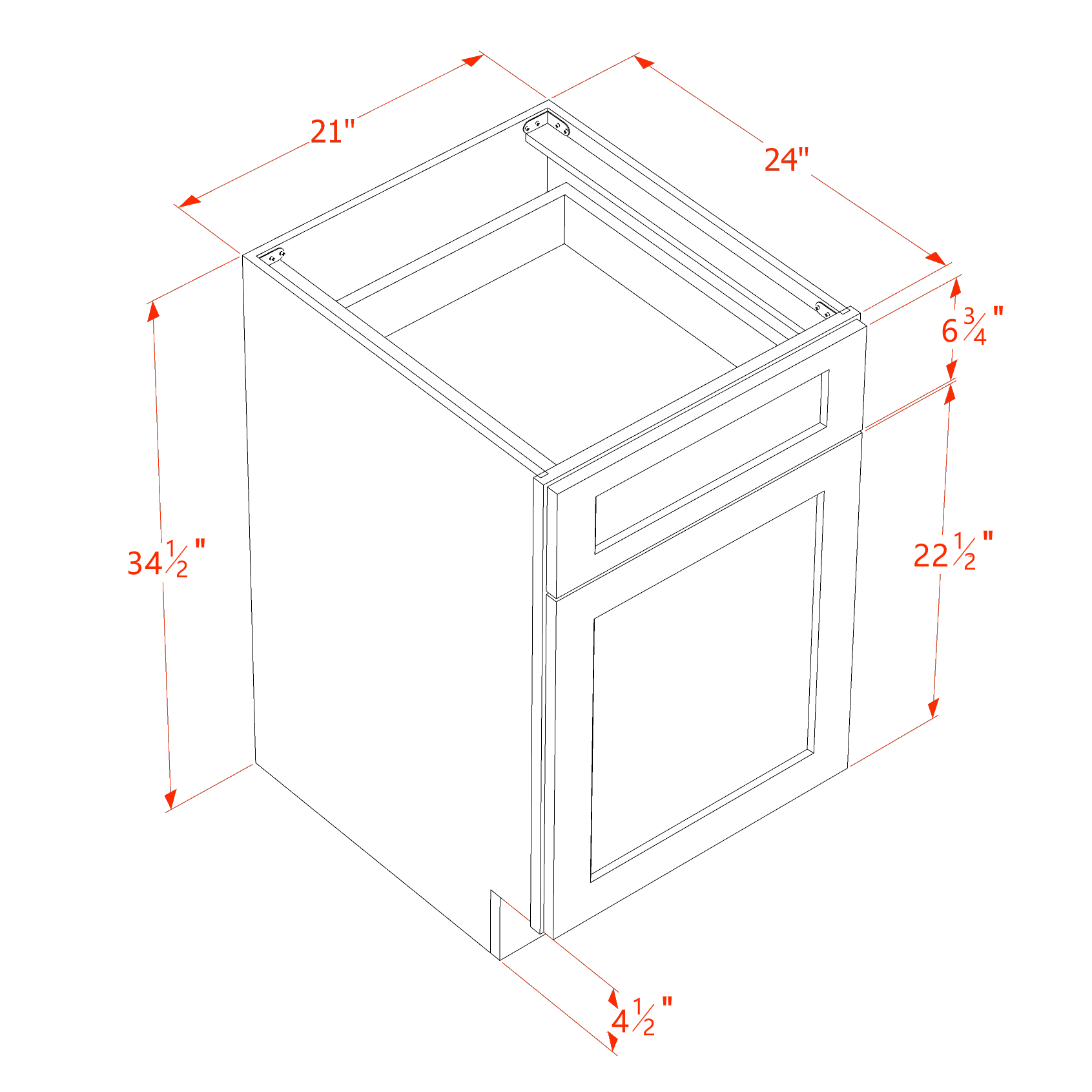 B21-SW  Base Cabinet - Shaker Style - Pure White   21"W x 34-1/2"H x 24"D