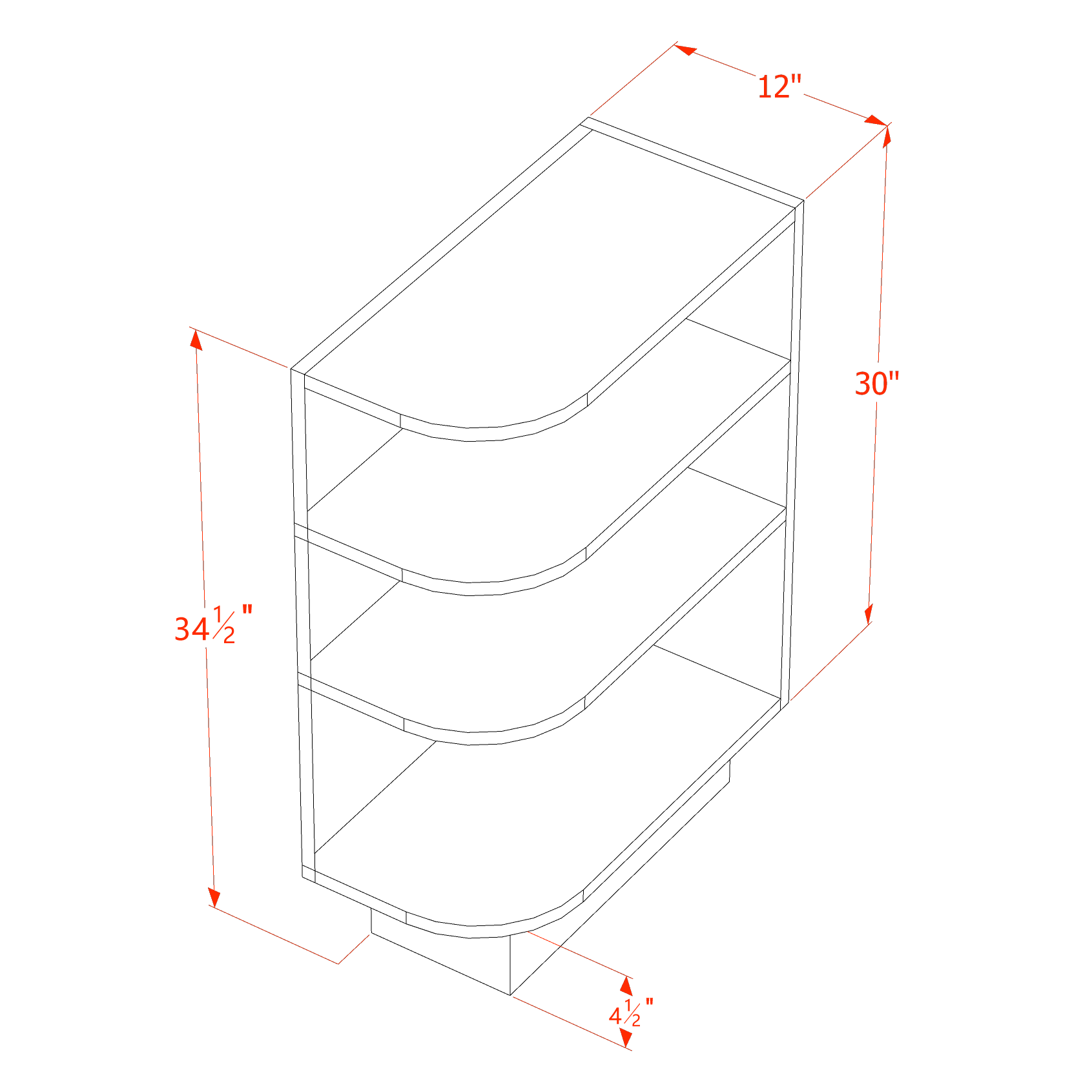 BES12R-SW  base cabinet 4 Sheleves End Corner Cabinet Right - Shaker Style - Pure White   12"W x 34-1/2"H x 24"D