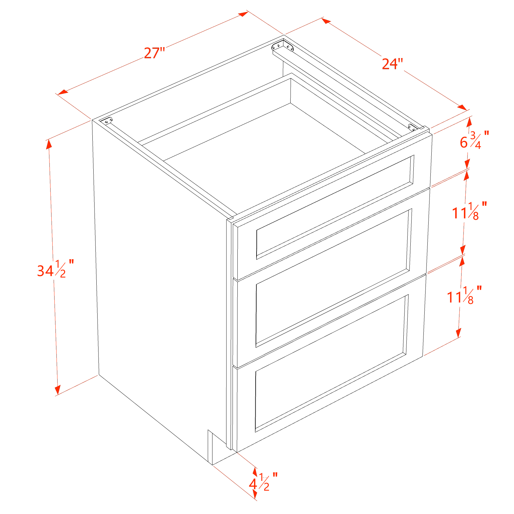 DB27-SW  Base Cabinet 3 Drawers - Shaker Style - Pure White   27"W x 34-1/2"H x 24"D
