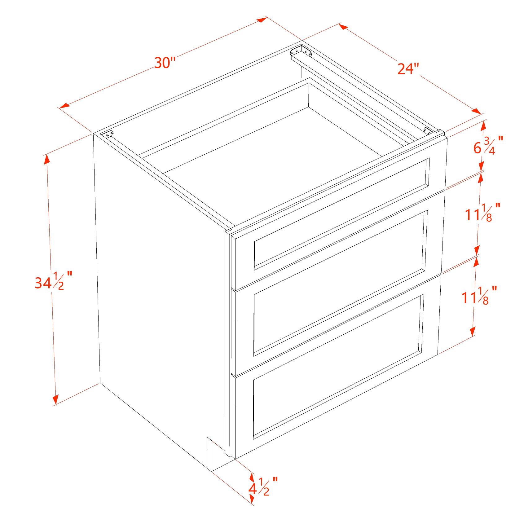 DB30-2-SW  Base Cabinet 3 Drawers - Shaker Style - Pure White   30"W x 34-1/2"H x 24"D