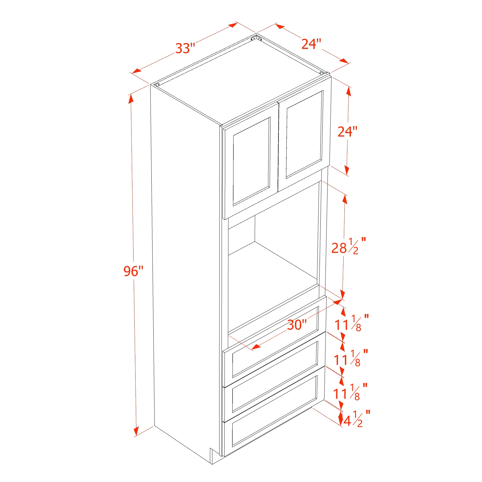 OC3396-SW  Tall Oven 2 Door & 3 Drawers Cabinet - Shaker Style - Pure White   33"W x 96"H x 24"D