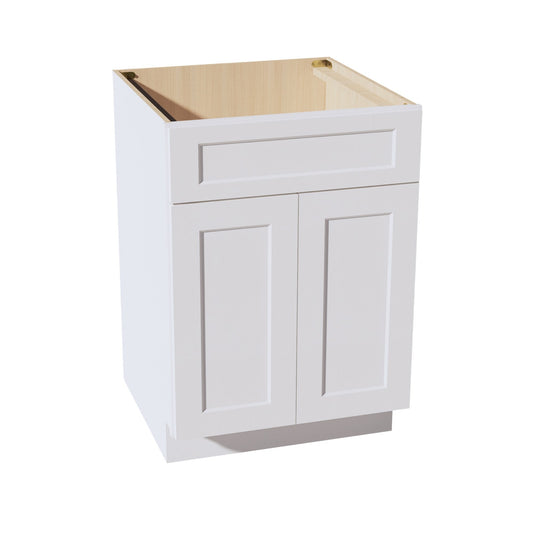 SB24-SW  Sink Base Cabinet 2 Door 2 False Drawer  - Shaker Style - Pure White   24"W x 34-1/2"H x 24"D