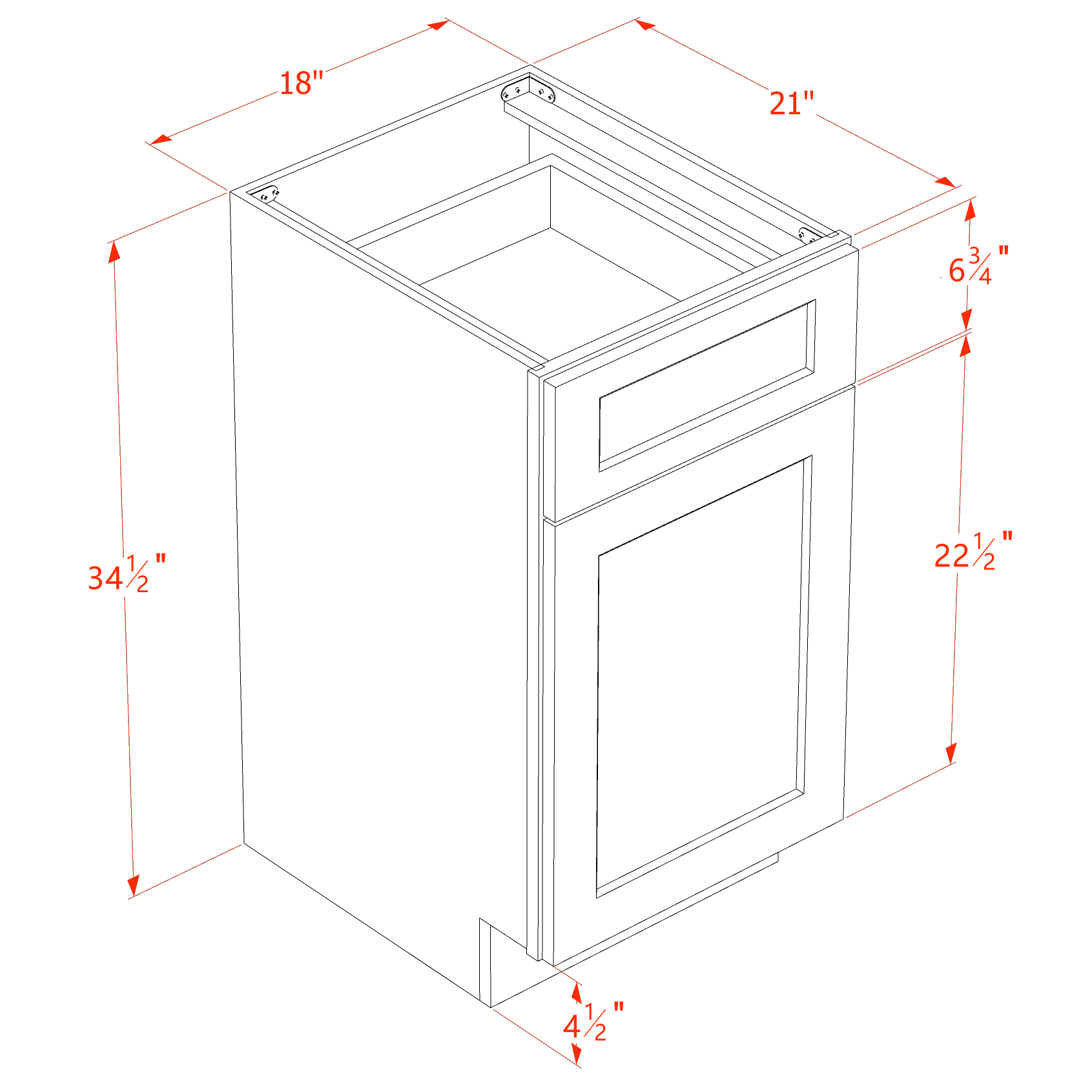 VB1821-SW  Vanity Base Cabinet 1 Door & 1 Drawer - Shaker Style - Pure White   18"W x 34-1/2"H x 24"D