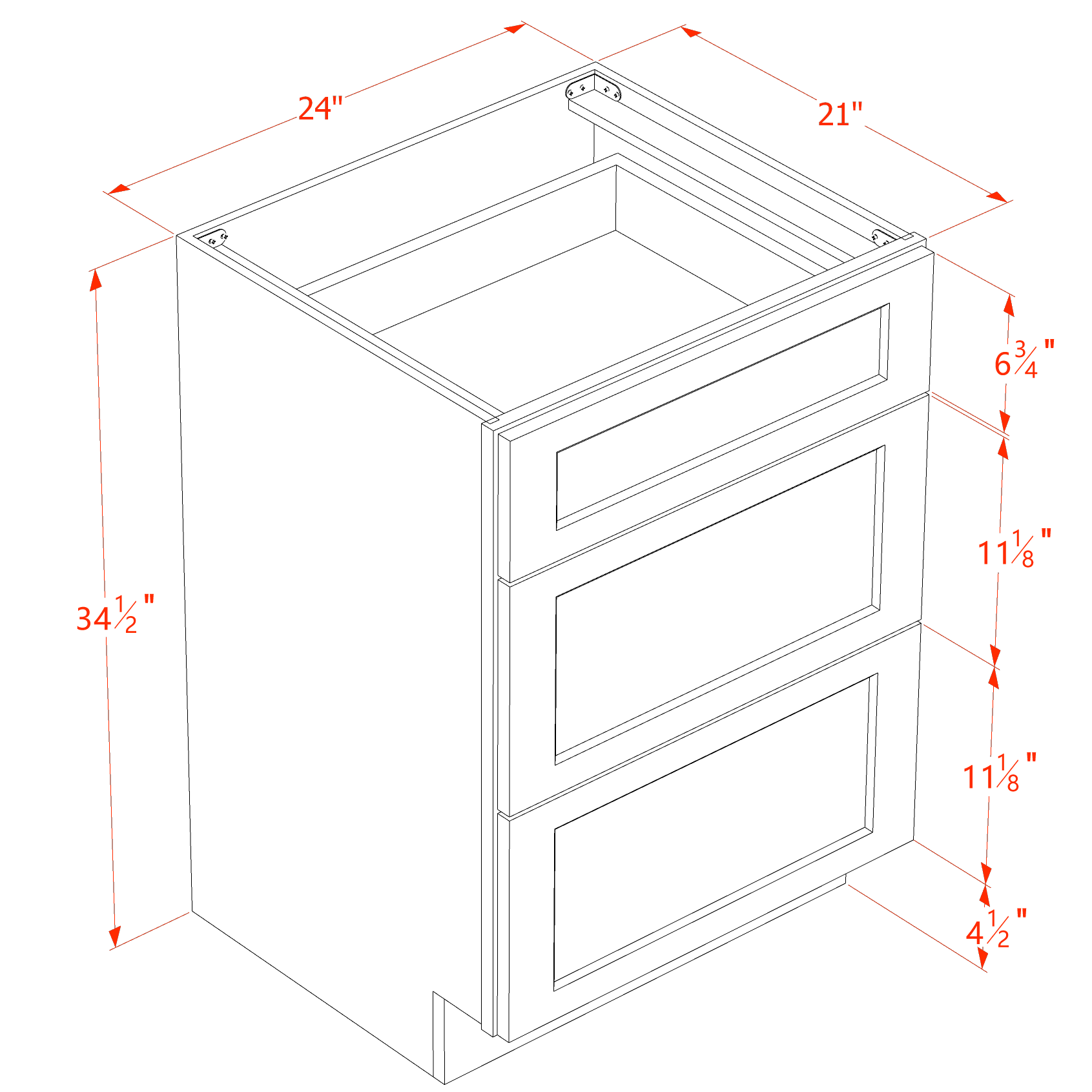 VDB2421-SW  Vanity Base Cabinet 3 Drawers - Shaker Style - Pure White   24"W x 34-1/2"H x 21"D