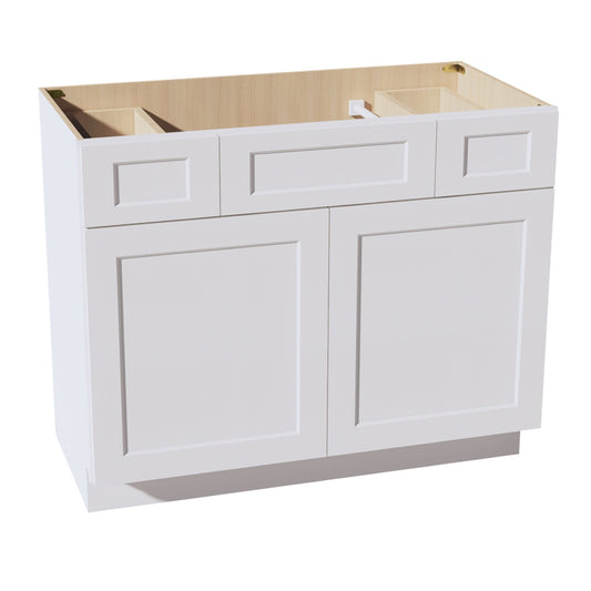 VSD4221-SW  Vanity Sink Base 2 Doors 2 Drawers & 1 Centered False Drawer  - Shaker Style - Pure White   42"W x 34-1/2"H x 21"D