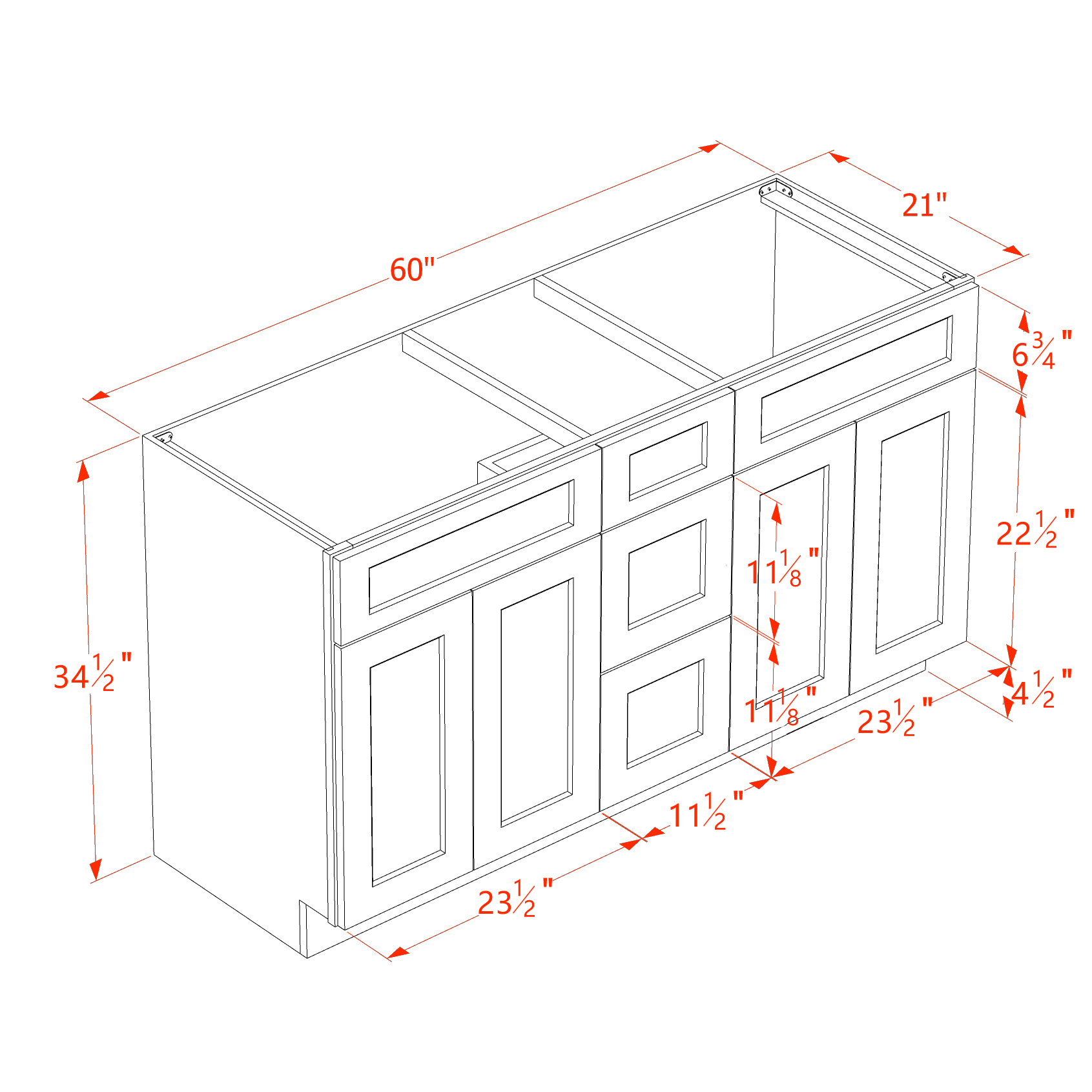 VSD60DOUBLE-SW  Vanity Sink Base Combo Cabinet  2 Doors 6 Drawers & 1 False Drawer Single Vanity - Shaker Style - Pure White   60"W x 34-1/2"H x 21"D