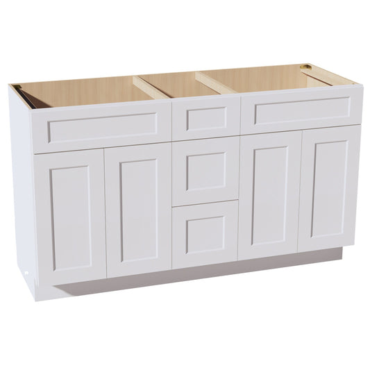 VSD60DOUBLE-SW  Vanity Sink Base Combo Cabinet  2 Doors 6 Drawers & 1 False Drawer Single Vanity - Shaker Style - Pure White   60"W x 34-1/2"H x 21"D