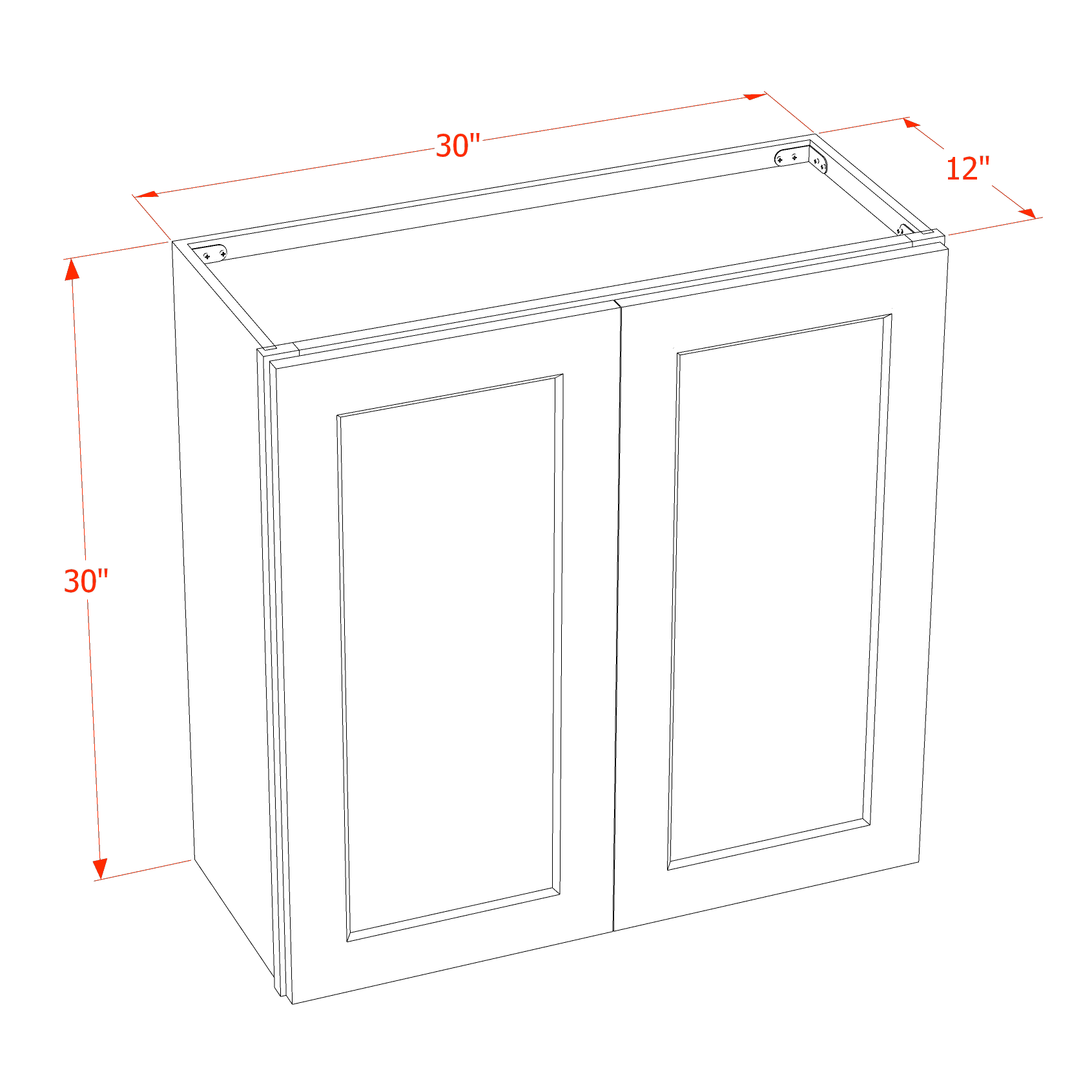 W3030-SW  Wall Cabinet 2 Doors & 2 Shelves - Shaker Style - Pure White   30"W x 30"H x 12"D