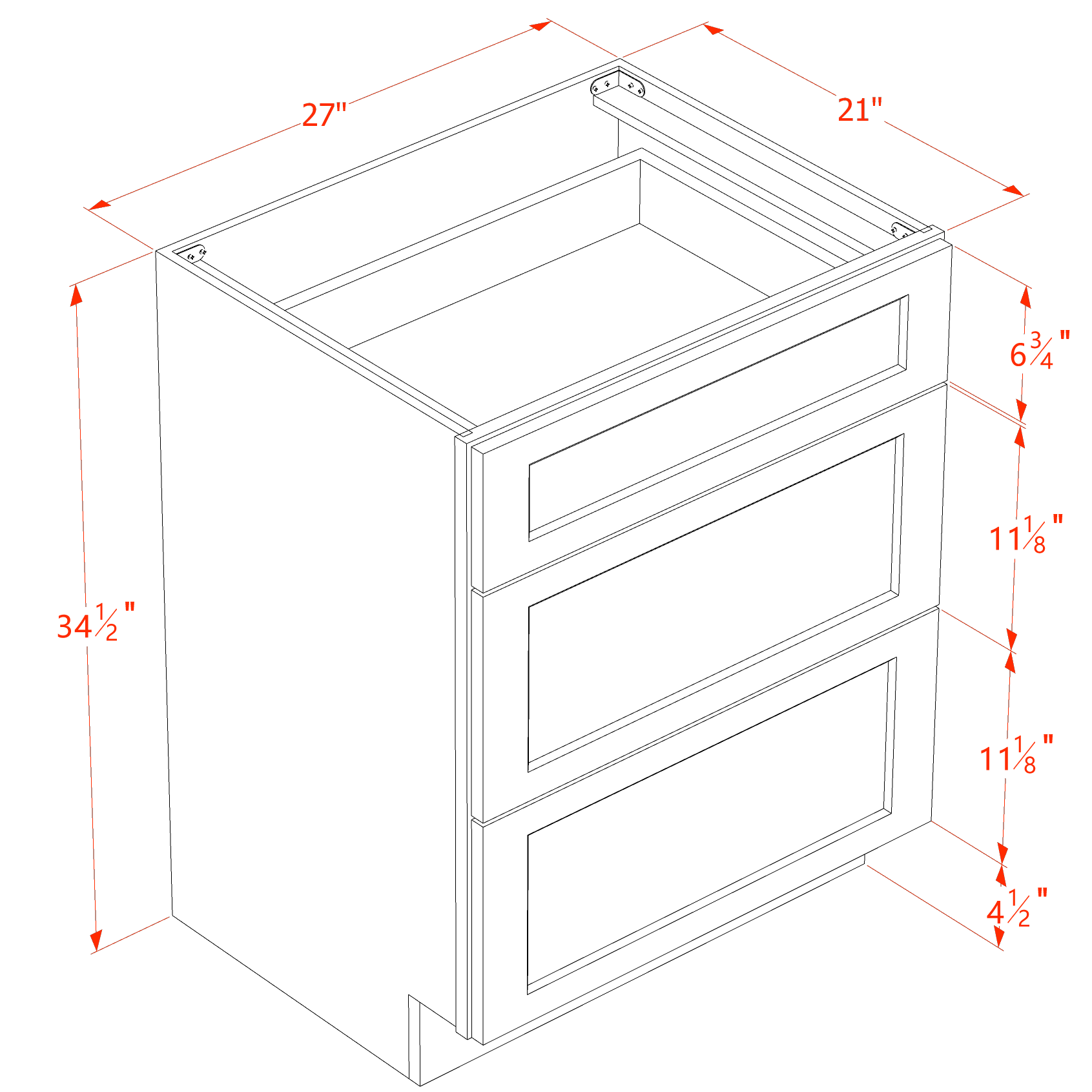 VDB2721-SDG  Vanity Base Cabinet 3 Drawers - Shaker Style - Dark Grey   27"W x 34-1/2"H x 21"D