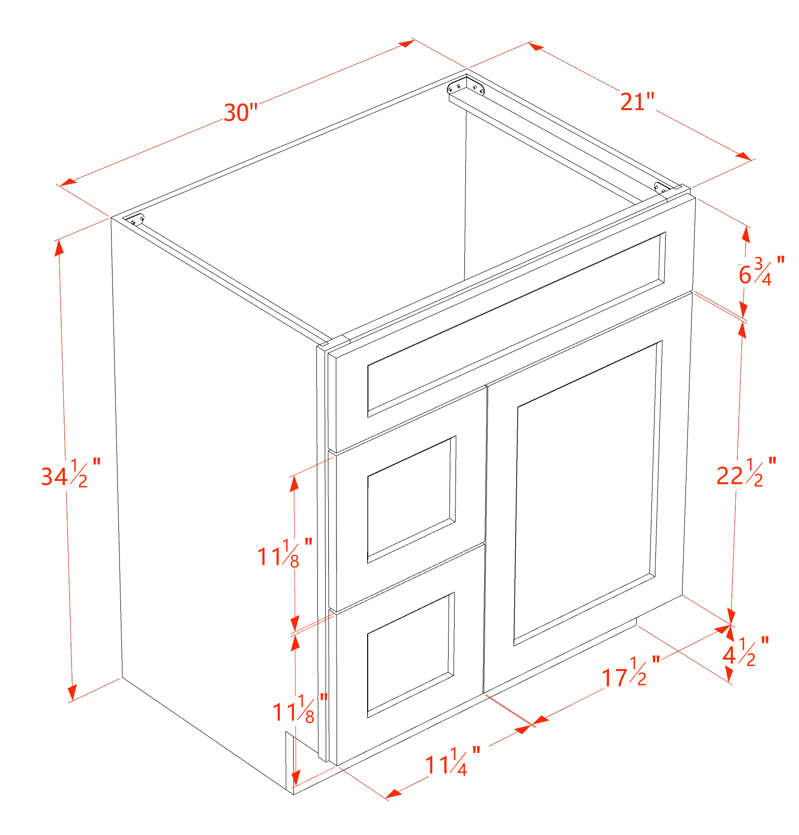 VSD3021L-SDG  Vanity Sink Base 2 Doors & 2 Left Drawers Offset - Shaker Style - Dark Grey   30"W x 34-1/2"H x 21"D