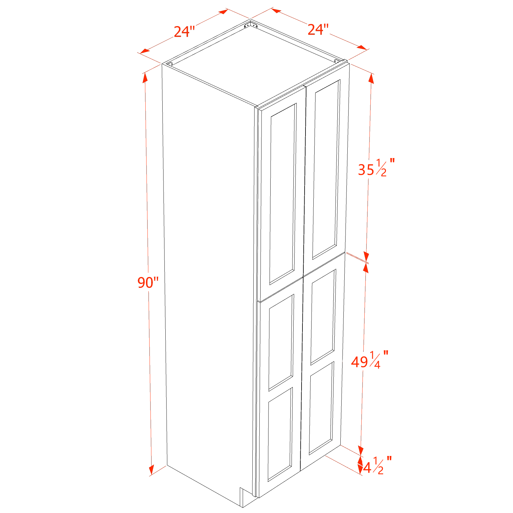 TP2490-SWG Tall Shelf Pantry Cabinet 4 Door & 6 Sheleves - Shaker Style - Washed Grey   24" W x 90"H x 24"D
