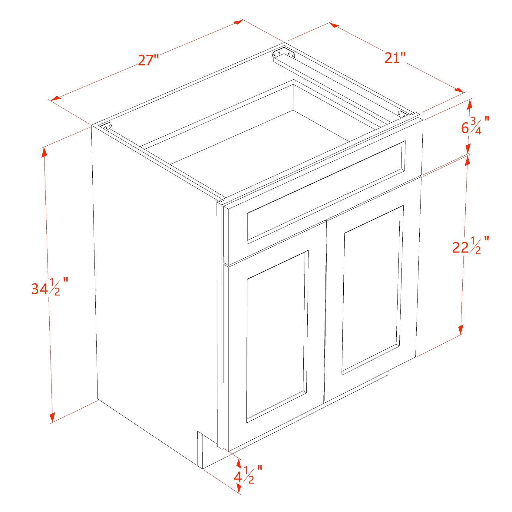 VB2721-SWG Vanity Base Cabinet 2 Doors & 1 Drawer - Shaker Style - Washed Grey   27"W x 34-1/2"H x 24"D