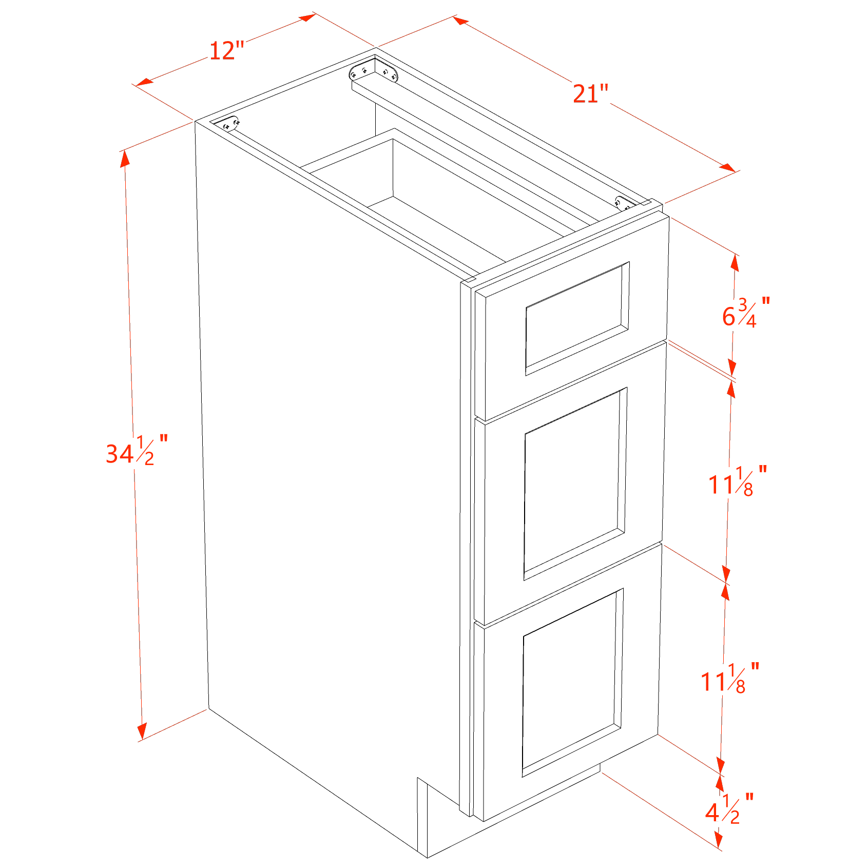 VDB1221-SWG Vanity Base Cabinet 3 Drawers - Shaker Style - Washed Grey   12"W x 34-1/2"H x 21"D