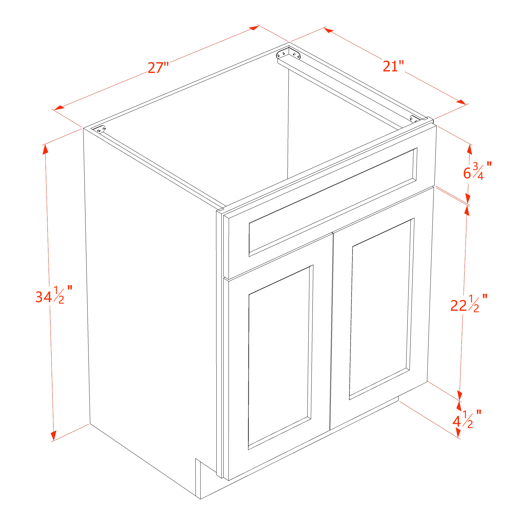 VSB2721-SWG Vanity Sink Base 1 False Drawer & 2 Doors - Shaker Style - Washed Grey   27"W x 34-1/2"H x 21"D