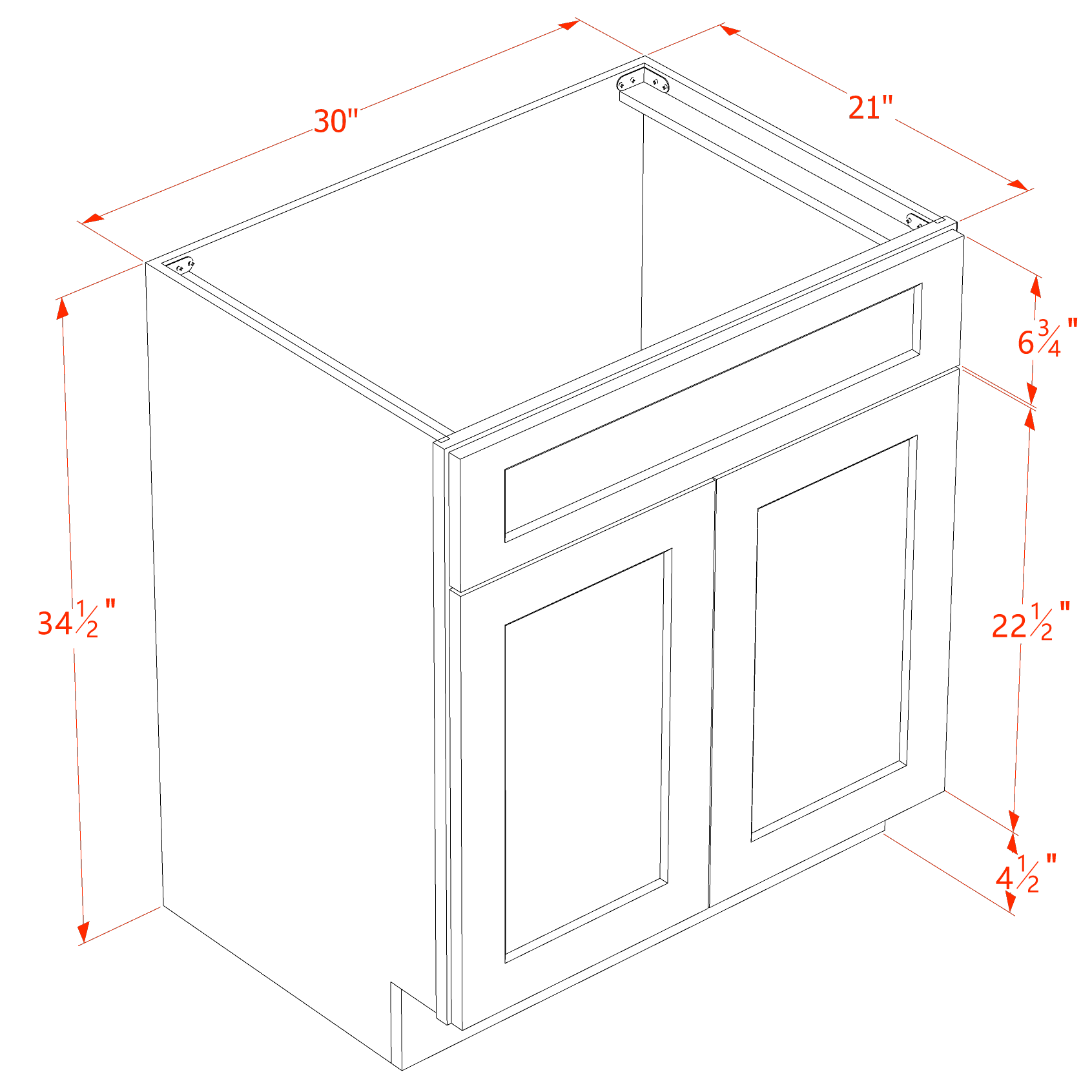 VSB3021-SWG Vanity Sink Base 1 False Drawer & 2 Doors - Shaker Style - Washed Grey   30"W x 34-1/2"H x 21"D