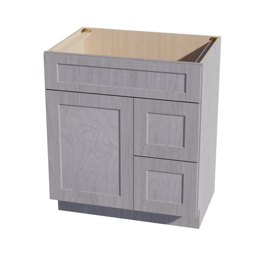 VSD3021R-SWG Vanity Sink Base 2 Doors & 2 Right Drawers Offset - Shaker Style - Washed Grey   30"W x 34-1/2"H x 21"D