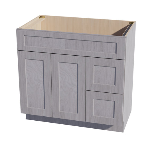 VSD3621R-SWG Vanity Sink Base 2 Doors & 2 Right Drawers Offset - Shaker Style - Washed Grey   36"W x 34-1/2"H x 21"D
