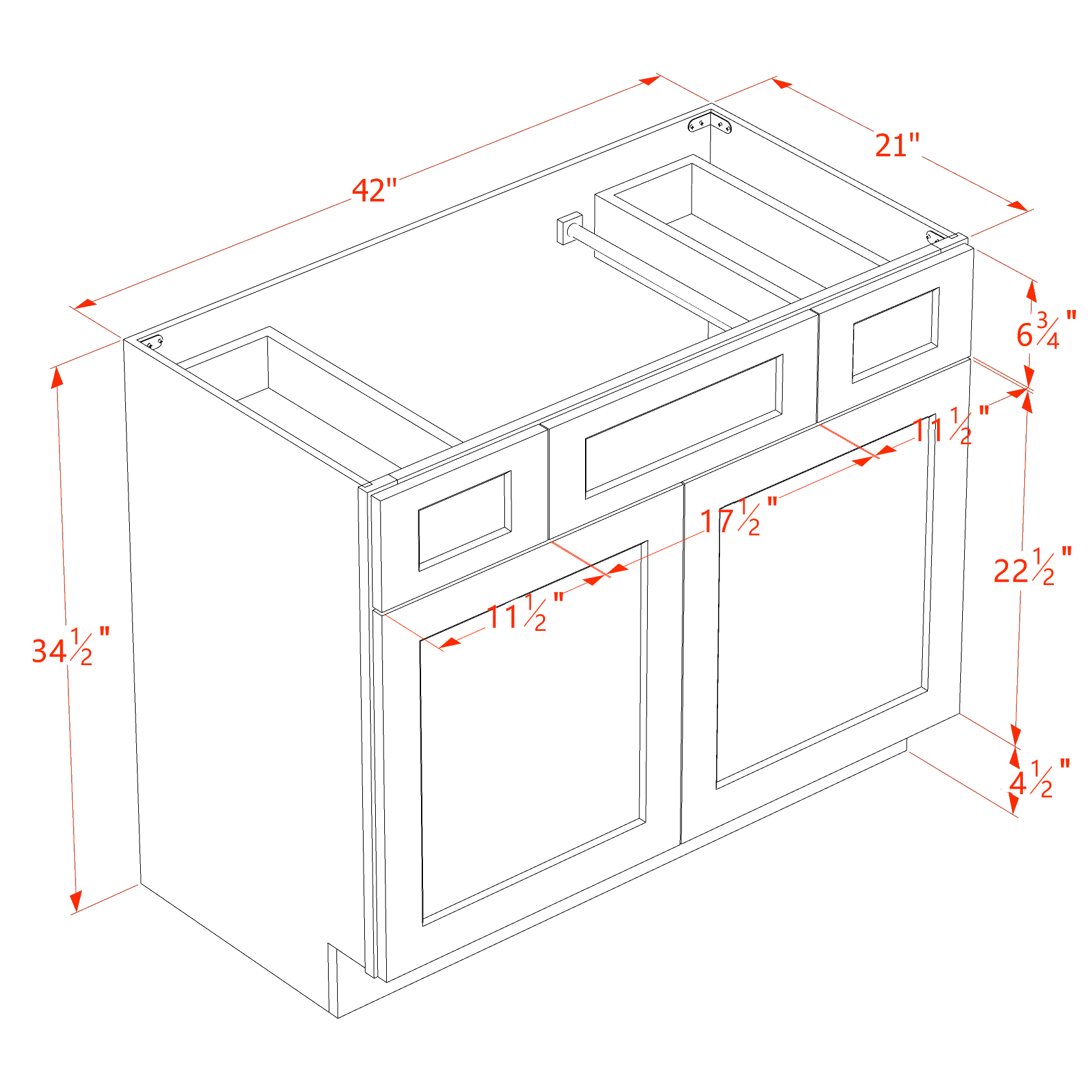 VSD4221-SWG Vanity Sink Base 2 Doors 2 Drawers & 1 Centered False Drawer  - Shaker Style - Washed Grey   42"W x 34-1/2"H x 21"D