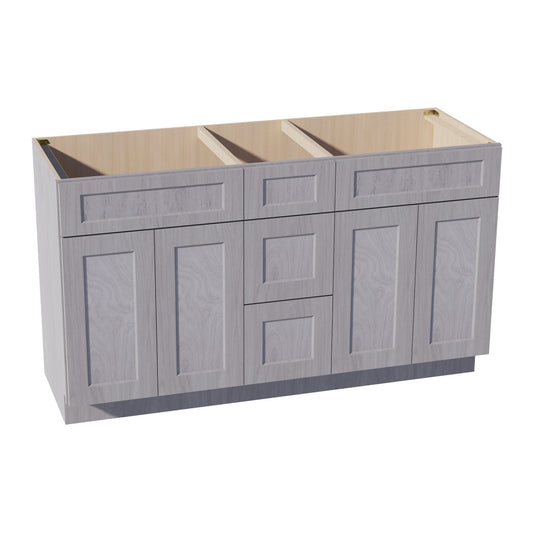 VSD60DOUBLE-SWG Vanity Sink Base Combo Cabinet  2 Doors 6 Drawers & 1 False Drawer Single Vanity - Shaker Style - Washed Grey   60"W x 34-1/2"H x 21"D