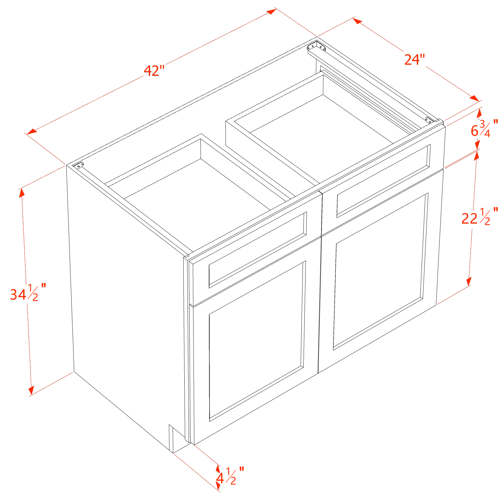 B42-ST  Base cabinet - Shaker Style - Timber   42"W x 34-1/2"H x 24"D