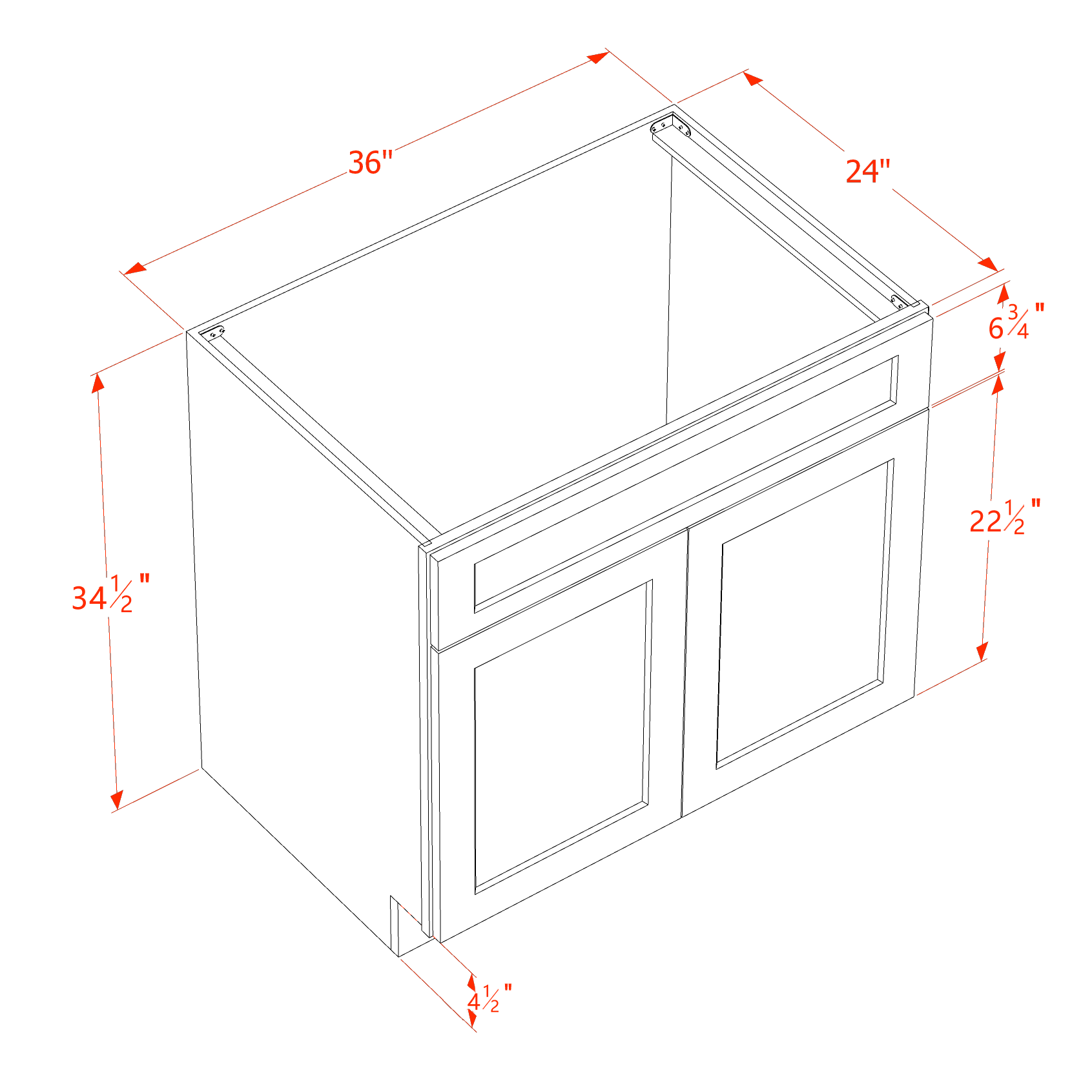 SB36-ST  Sink Base Cabinet 2 Door 2 False Drawer  - Shaker Style - Timber   36"W x 34-1/2"H x 24"D