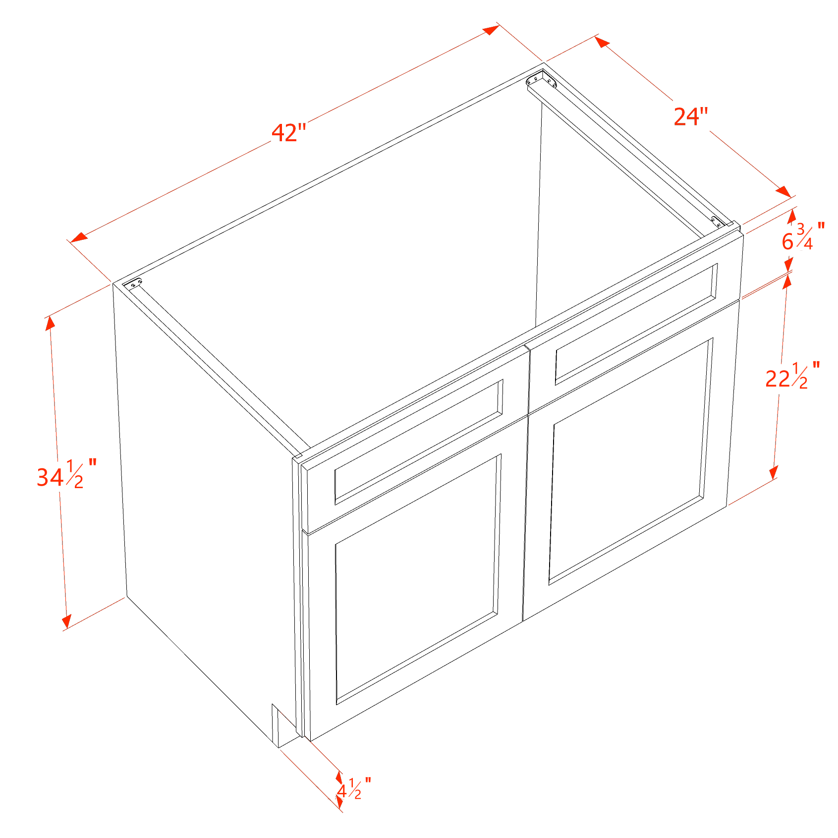 SB42-ST  Sink Base Cabinet 2 Door 2 False Drawer  - Shaker Style - Timber   42"W x 34-1/2"H x 24"D
