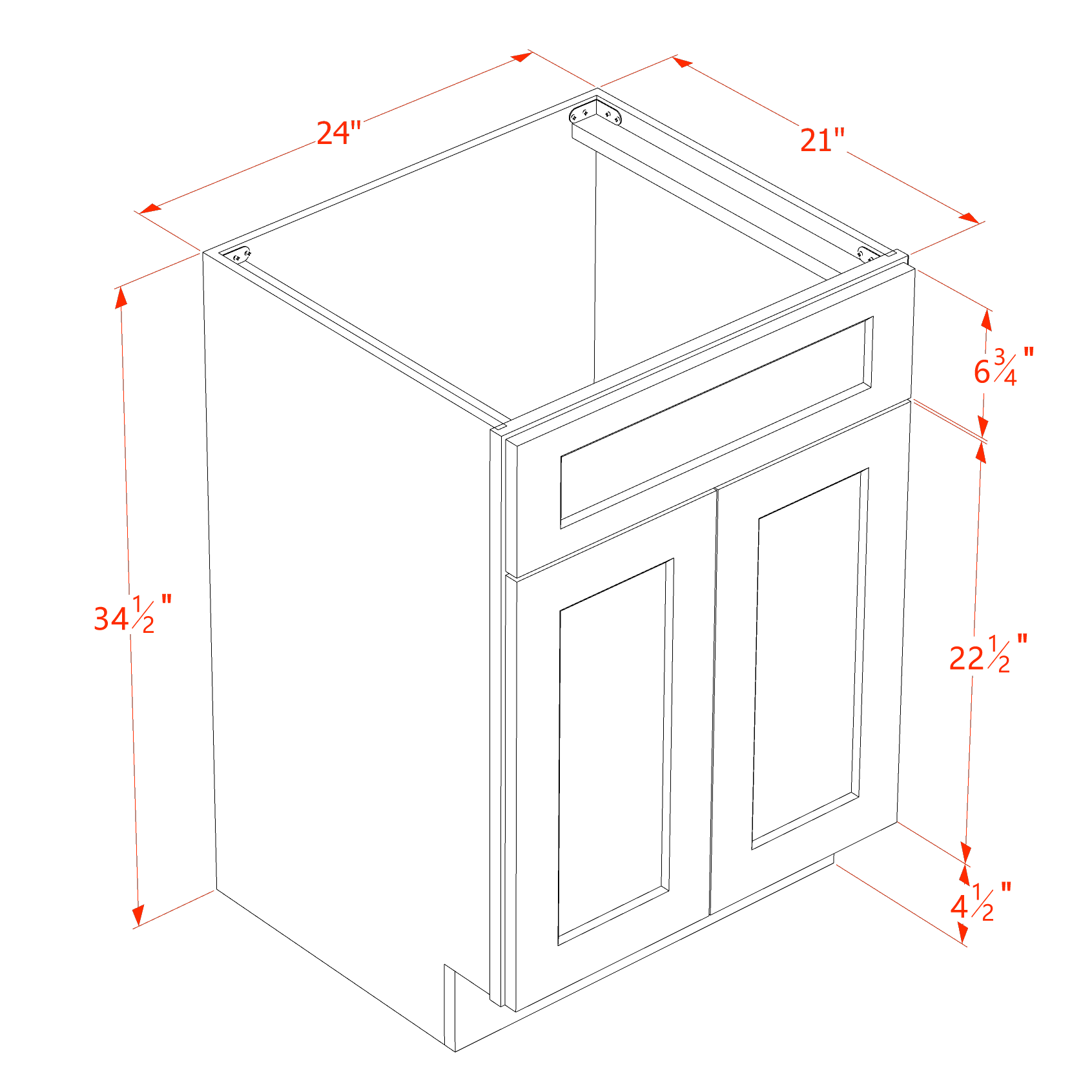 VSB2421-ST  Vanity Sink Base 1 False Drawer & 2 Doors - Shaker Style - Timber   24"W x 34-1/2"H x 21"D
