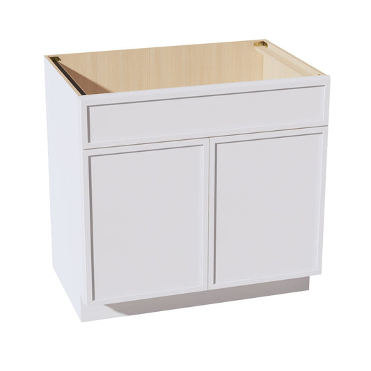 SB36-SSW  Sink Base Cabinet 2 Door 2 False Drawer  - Slim Shaker Style - White   36"W x 34-1/2"H x 24"D