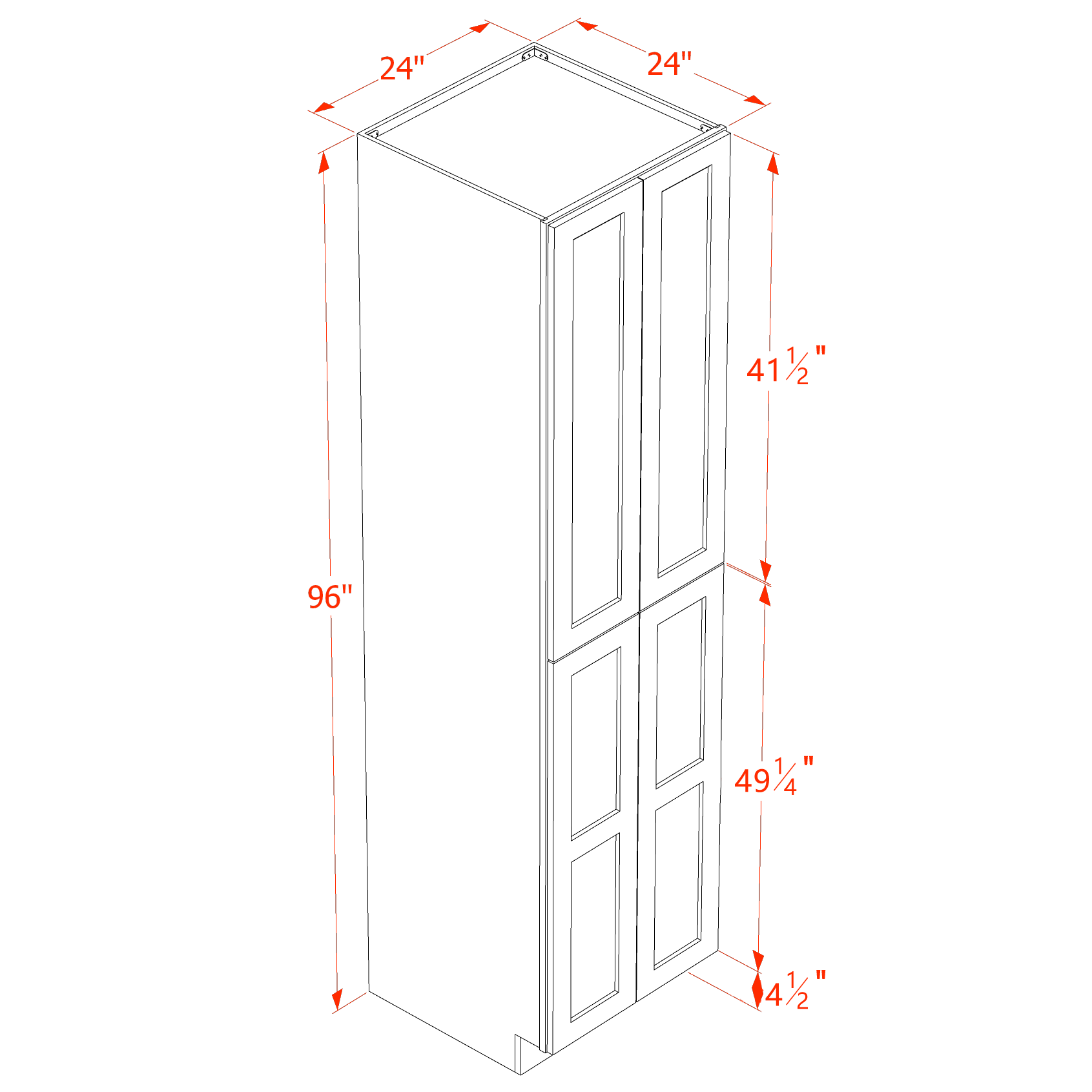 TP2496-SSW  Tall Shelf Pantry Cabinet 4 Door & 6 Sheleves - Slim Shaker Style - White   24" W x 96"H x 24"D